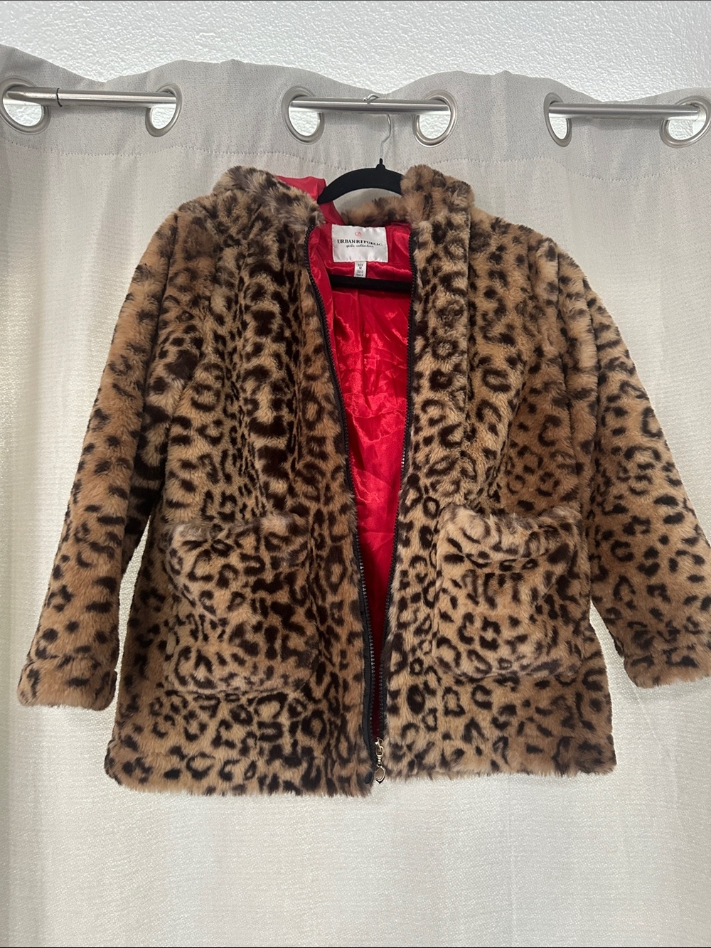 Urban Republic Leopard Print Faux Fur Coat with Red Lining